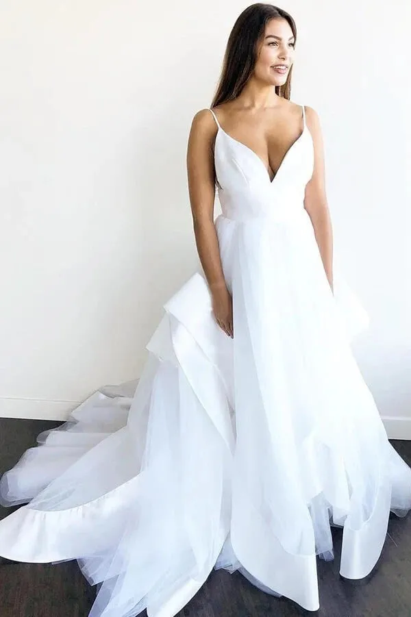 A Line Spaghetti Straps Tulle Wedding Dress With Ruffles