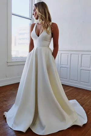 A-Line V Neck Ivory Satin Wedding Dress