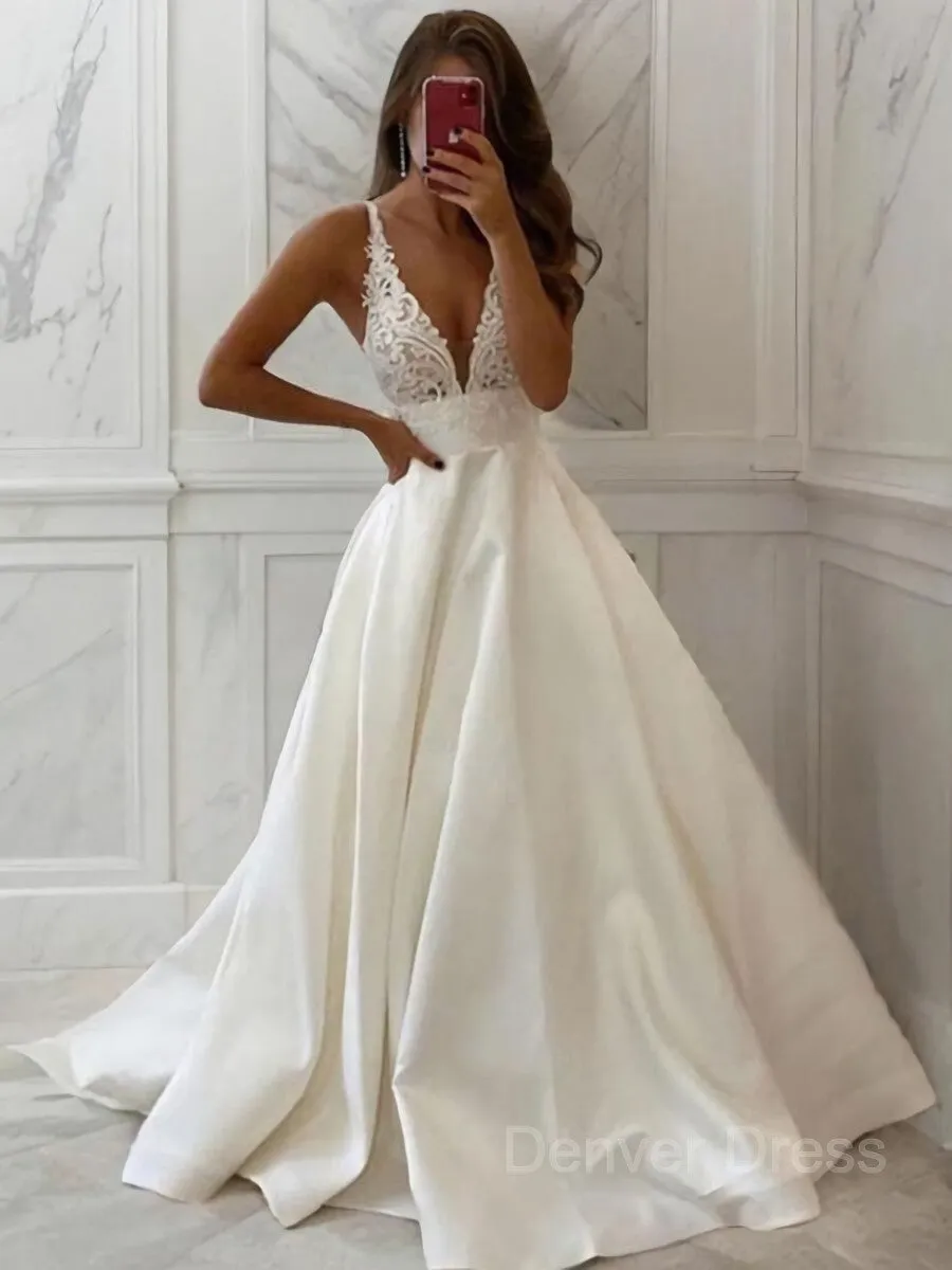 A-Line V-neck Sweep Train Satin Wedding Dresses