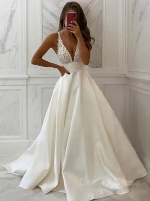 A-Line V-neck Sweep Train Satin Wedding Dresses
