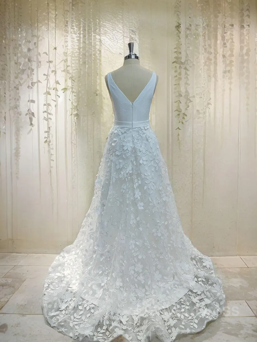 A-Line V-neck Sweep Train Stretch Crepe Wedding Dresses With Leg Slit