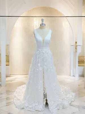 A-Line V-neck Sweep Train Stretch Crepe Wedding Dresses With Leg Slit