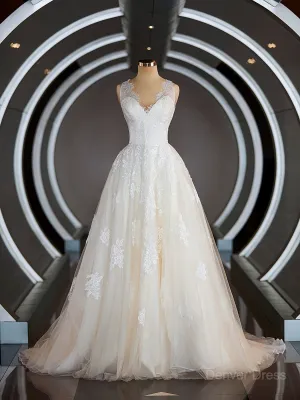 A-Line V-neck Sweep Train Tulle Wedding Dresses with Appliques Lace