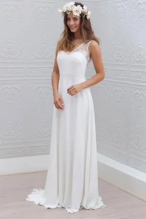 A Line White Chiffon Lace Beach Wedding Dress