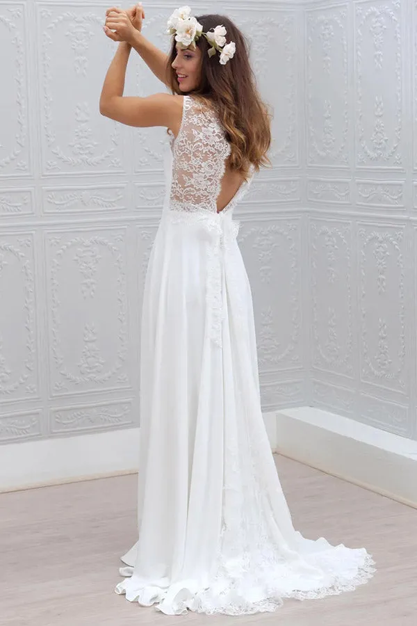 A Line White Chiffon Lace Beach Wedding Dress