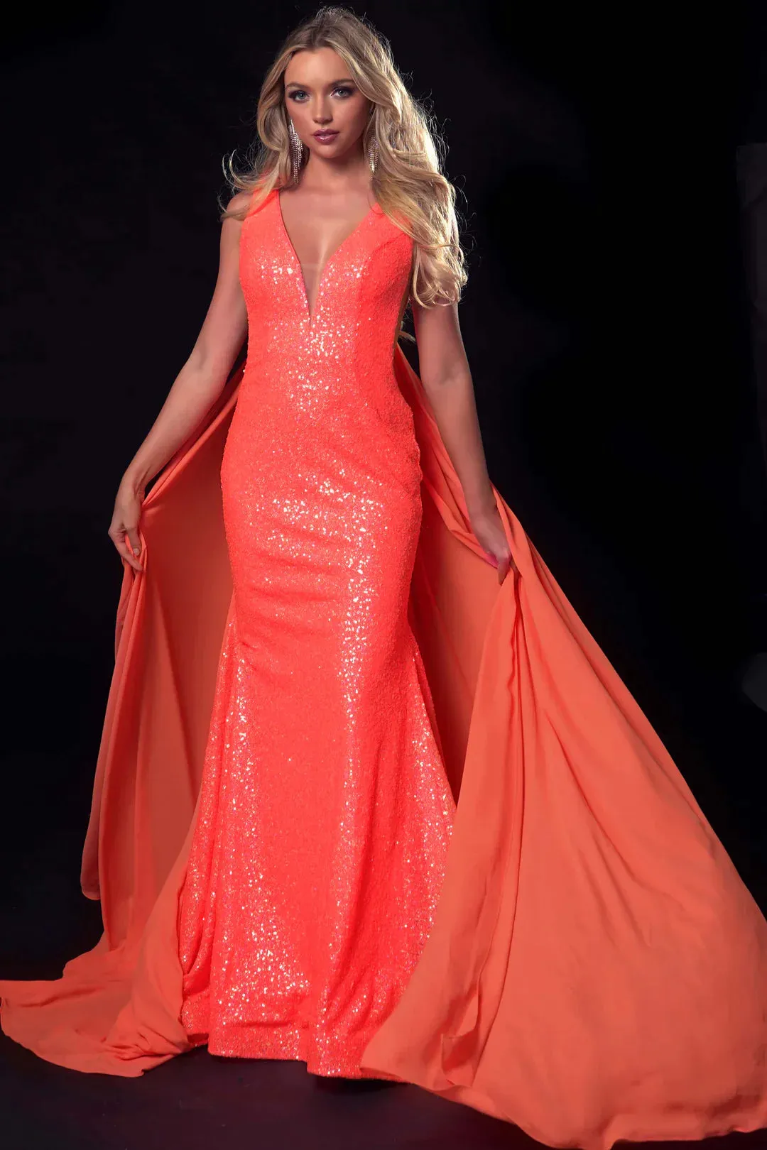 Ava Presley 37346 Size 6 Neon Orange Long Fitted Mermaid Sequin Prom Dress Pageant Gown Detachable Cape Sleeves