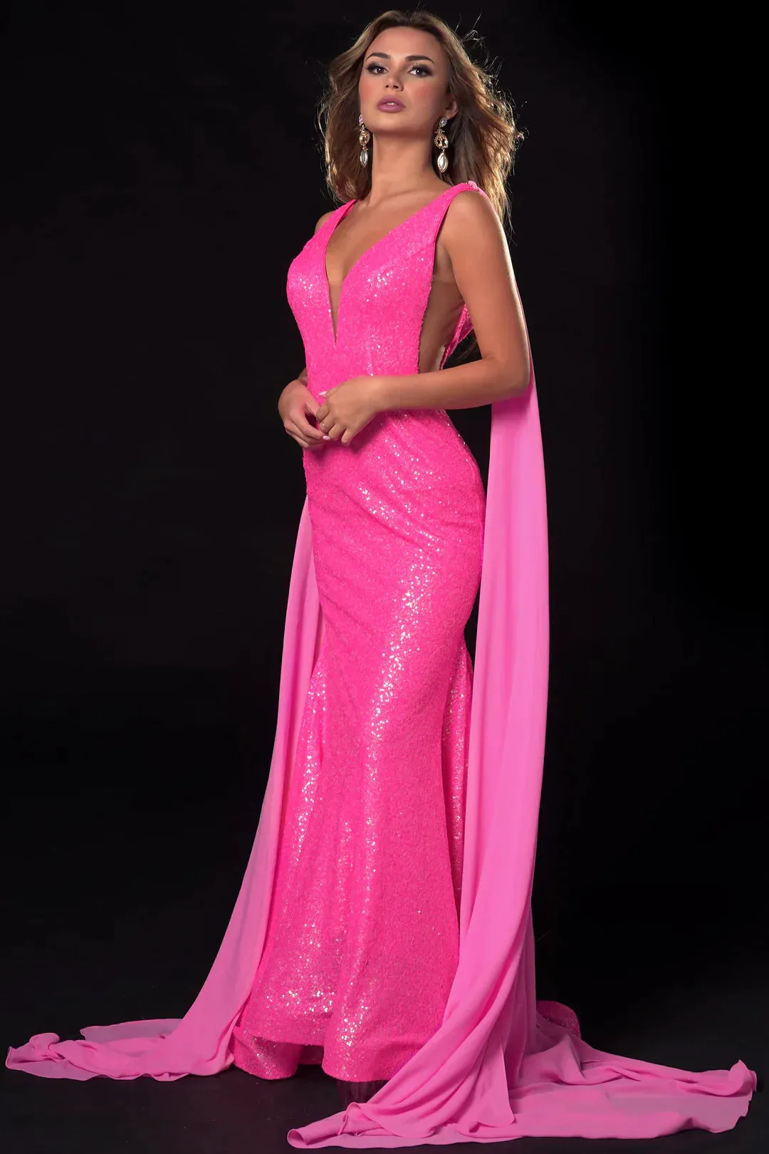 Ava Presley 37346 Size 6 Neon Orange Long Fitted Mermaid Sequin Prom Dress Pageant Gown Detachable Cape Sleeves