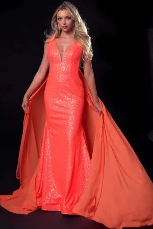 Ava Presley 37346 Size 6 Neon Orange Long Fitted Mermaid Sequin Prom Dress Pageant Gown Detachable Cape Sleeves