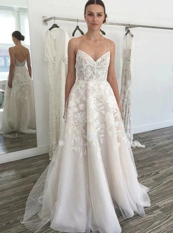 Backless Spaghetti Straps Tulle Wedding Dress With Appliques