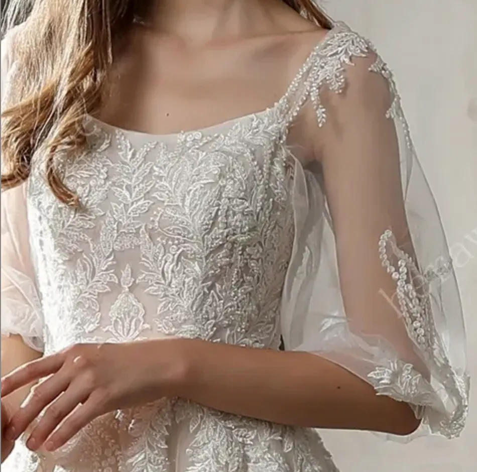 Beaded Lace A-line Wedding Gown with Scoop Neckline