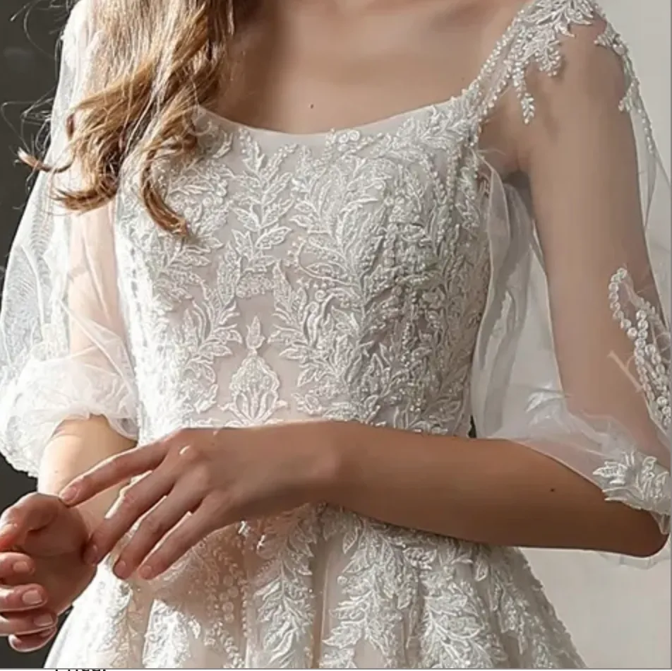 Beaded Lace A-line Wedding Gown with Scoop Neckline