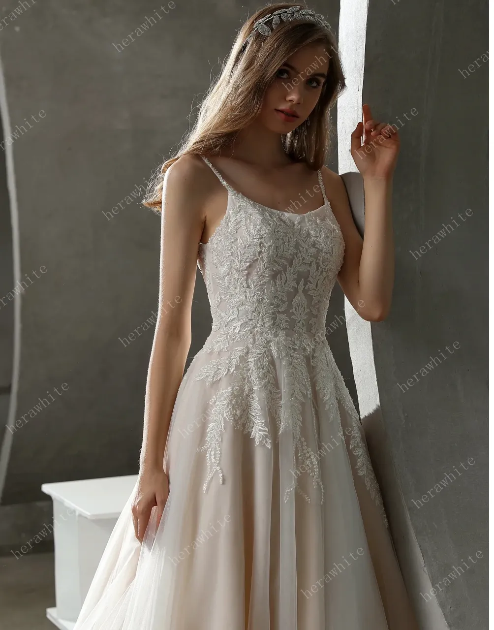 Beaded Lace A-line Wedding Gown with Scoop Neckline
