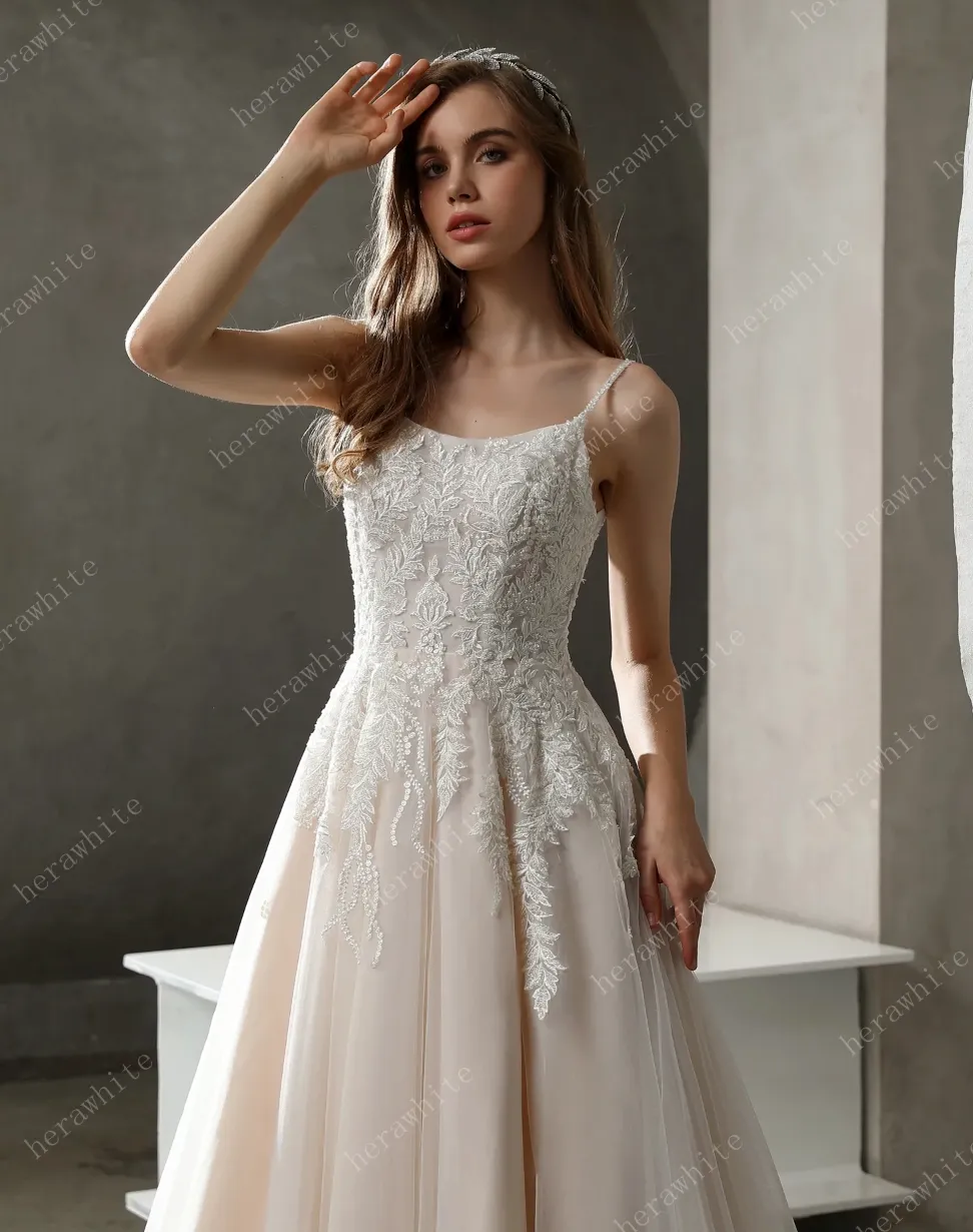 Beaded Lace A-line Wedding Gown with Scoop Neckline
