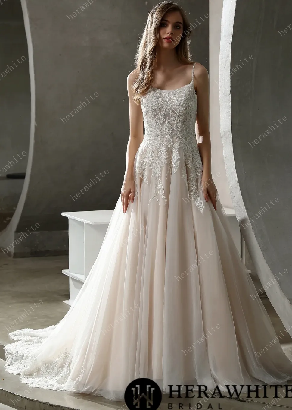 Beaded Lace A-line Wedding Gown with Scoop Neckline