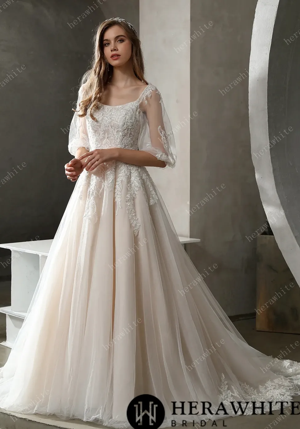 Beaded Lace A-line Wedding Gown with Scoop Neckline