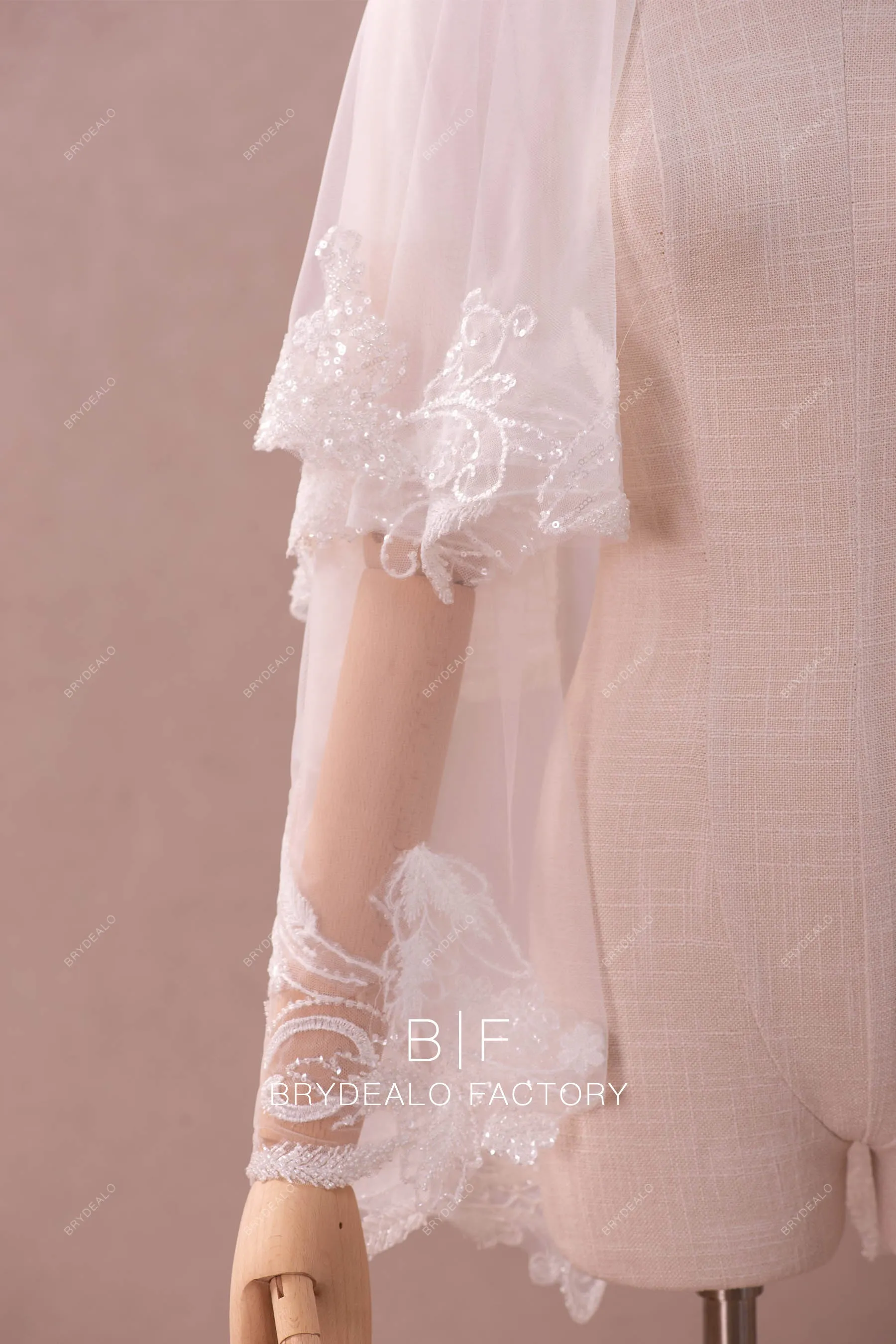 Beautiful Two-Tier Beaded Lace Finger Length Wedding Veil