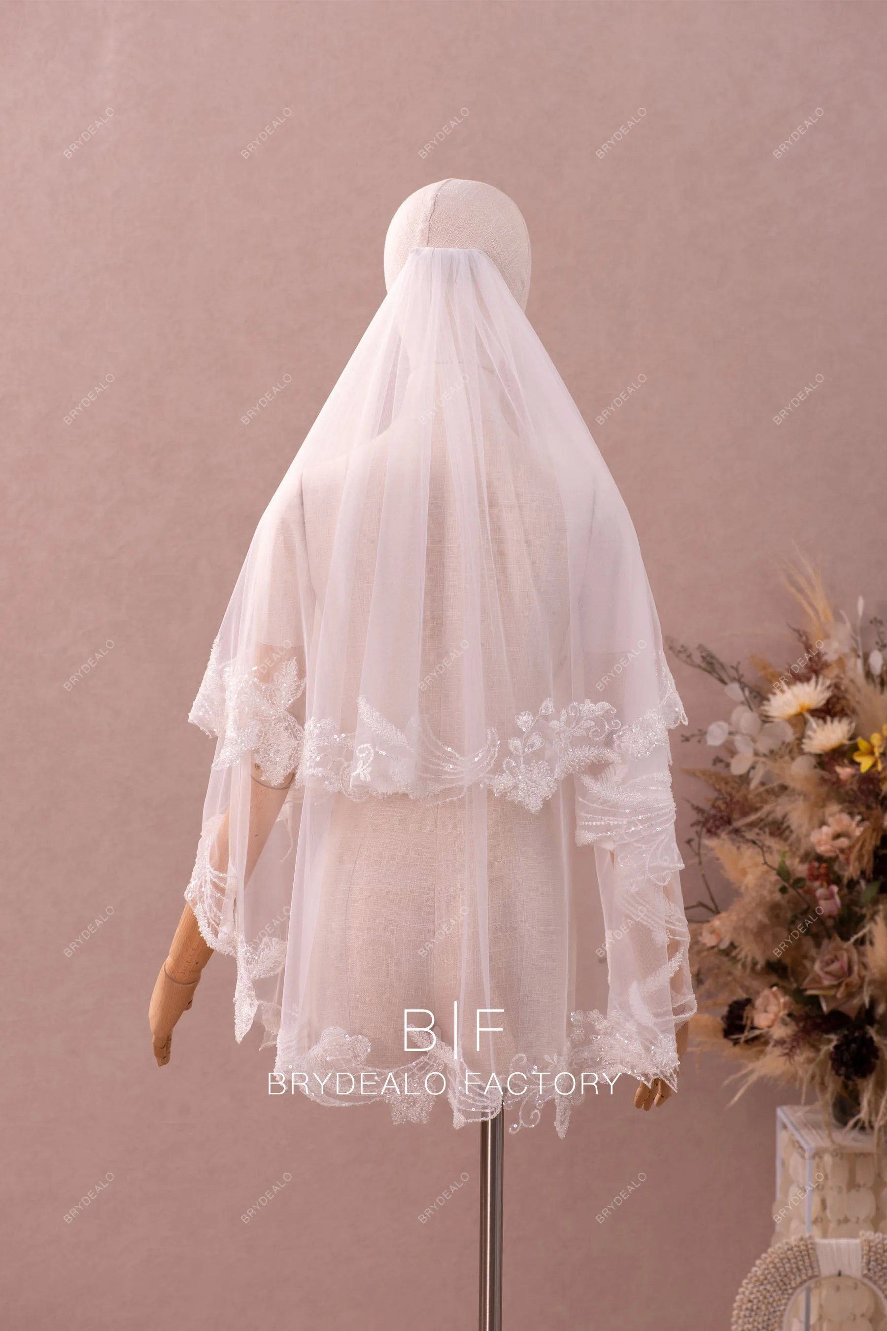 Beautiful Two-Tier Beaded Lace Finger Length Wedding Veil