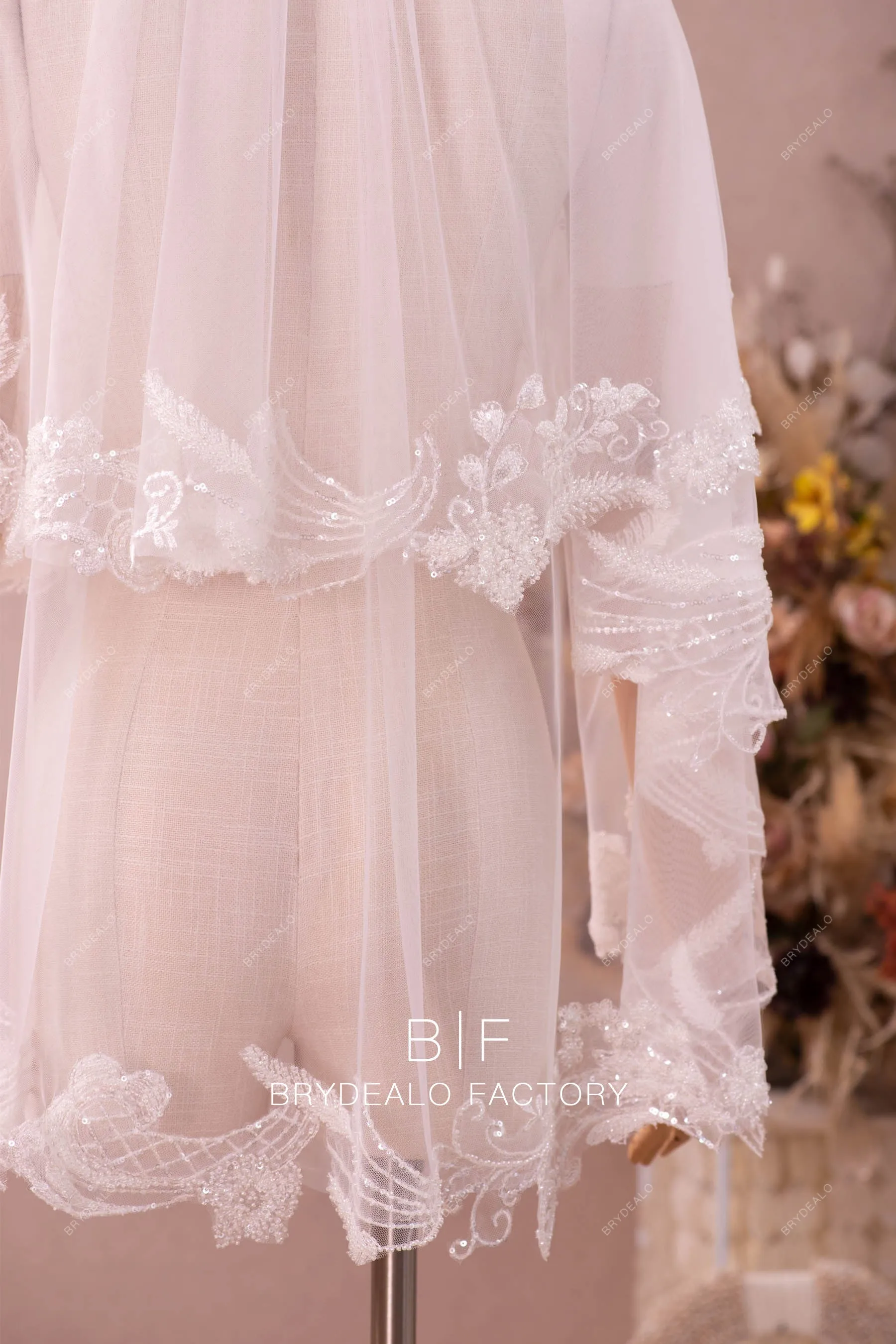 Beautiful Two-Tier Beaded Lace Finger Length Wedding Veil