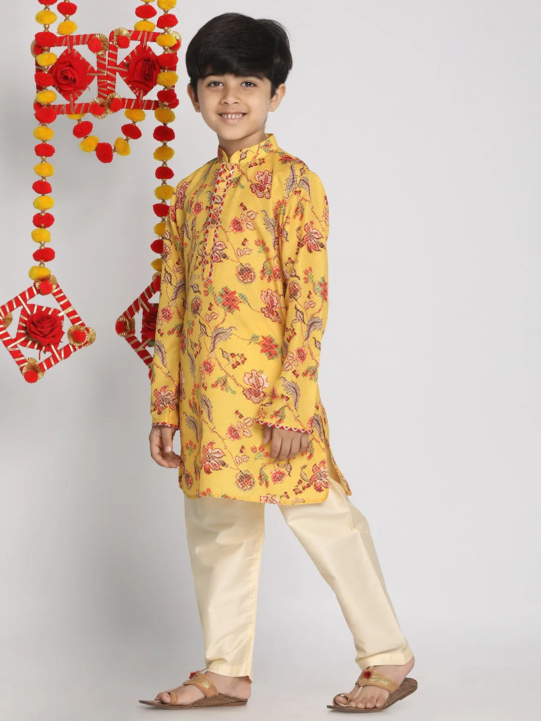 Boy's Multicolor Base Mustard And Cream Kurta Pyjama Set - Vastramay Boys
