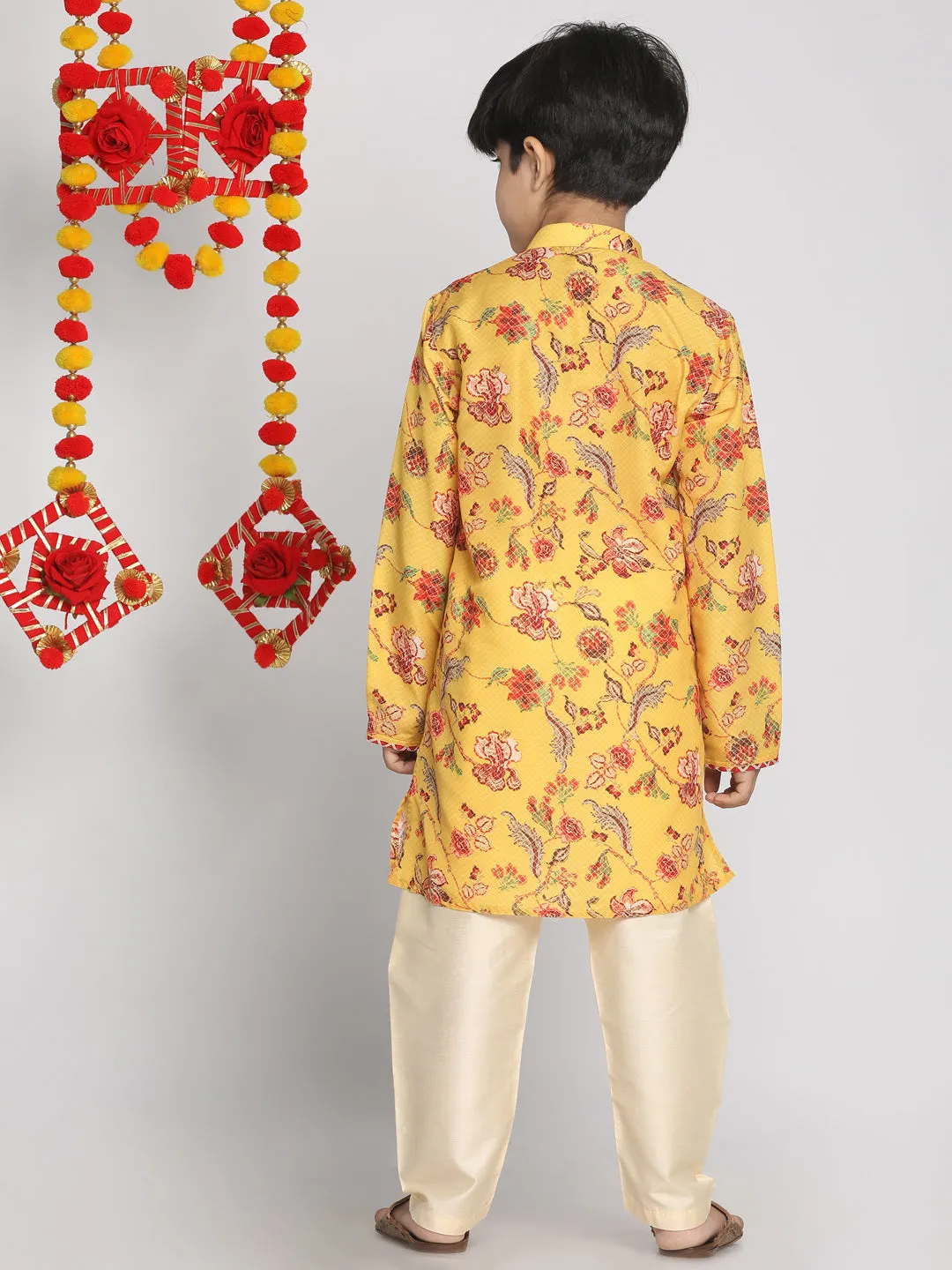 Boy's Multicolor Base Mustard And Cream Kurta Pyjama Set - Vastramay Boys
