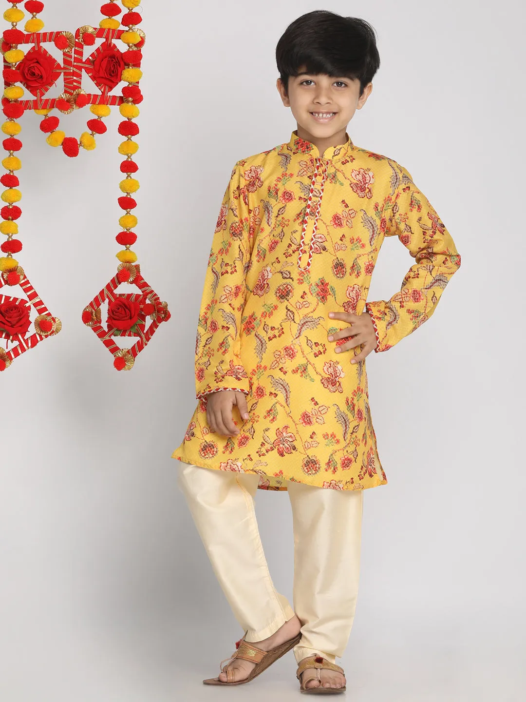 Boy's Multicolor Base Mustard And Cream Kurta Pyjama Set - Vastramay Boys