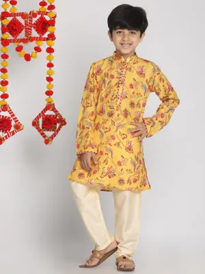 Boy's Multicolor Base Mustard And Cream Kurta Pyjama Set - Vastramay Boys