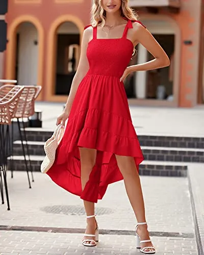 BTFBM Women Sleeveless Spaghetti Strap Summer Short Dress 2028 Square Beach Sundress Solid Smoked Tiered High-Low Maxi Dress（Solid Red,Medium