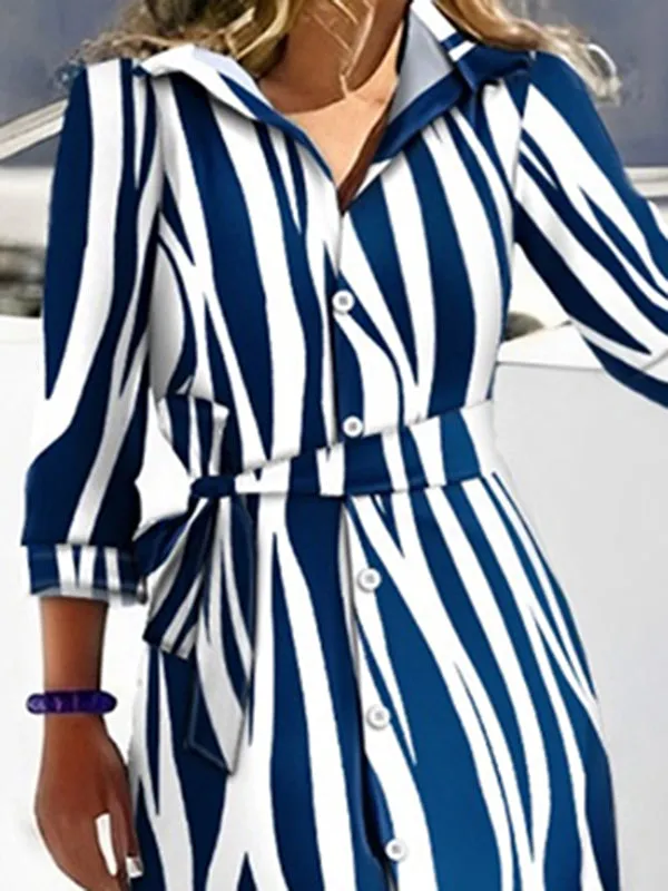 Buttoned Tied Waist Zebra Printed High Waisted Long Sleeves V-neck Shirt Dress Maxi Dresses