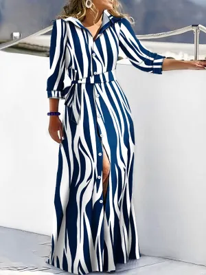 Buttoned Tied Waist Zebra Printed High Waisted Long Sleeves V-neck Shirt Dress Maxi Dresses