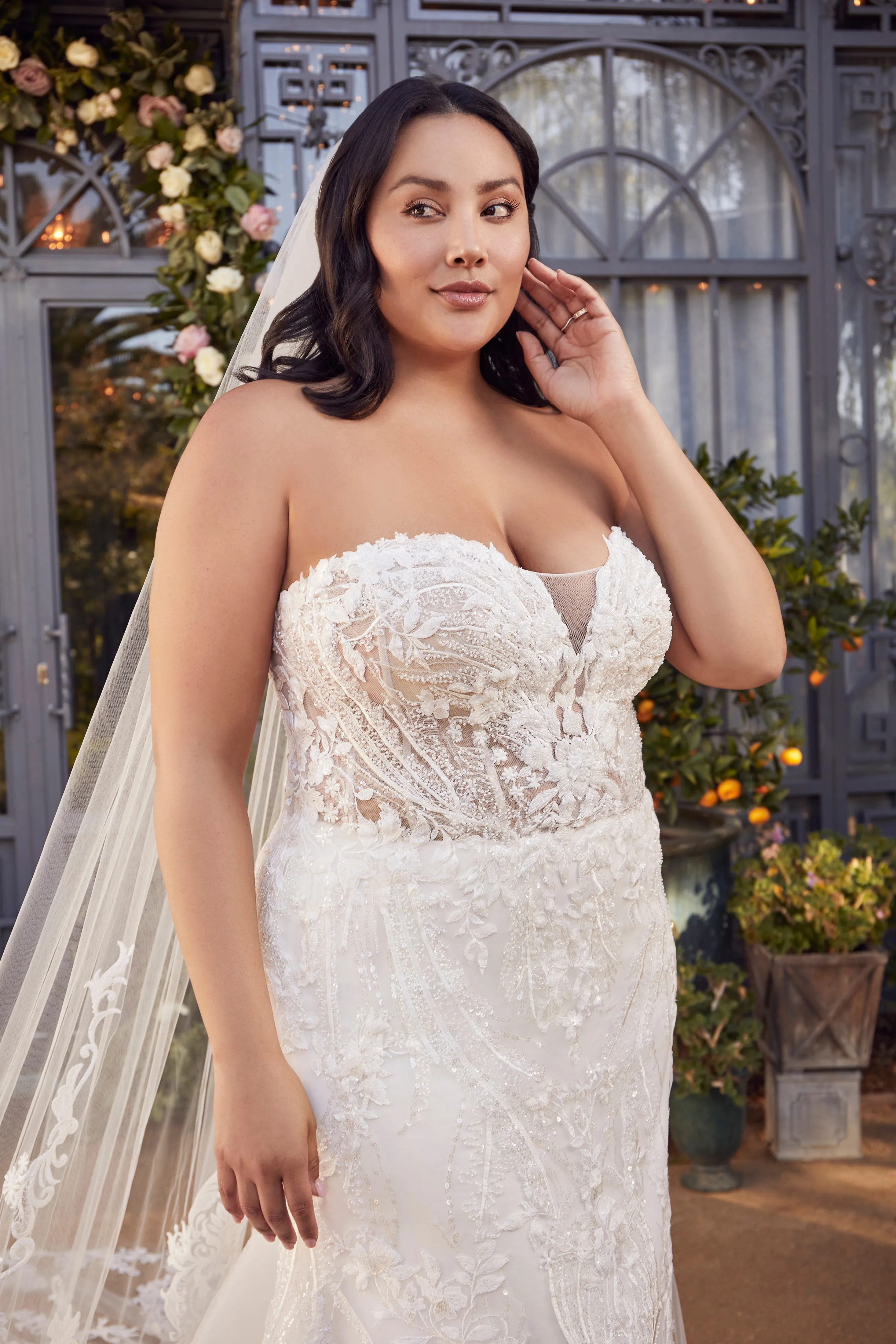Casablanca 2477 Beaded Mermaid Wedding Dress Train Long Sleeve Strapless Sequin Fitted
