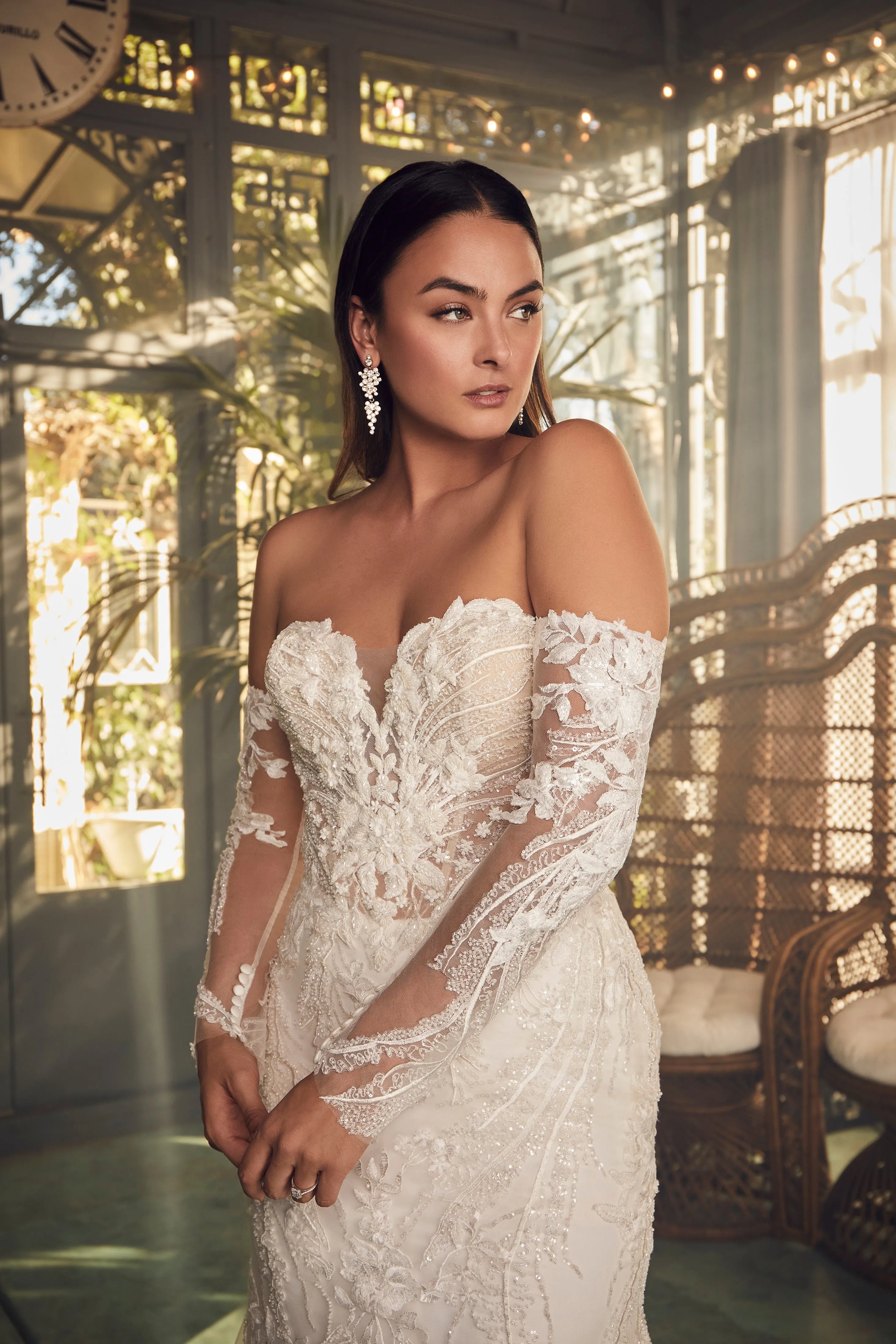 Casablanca 2477 Beaded Mermaid Wedding Dress Train Long Sleeve Strapless Sequin Fitted
