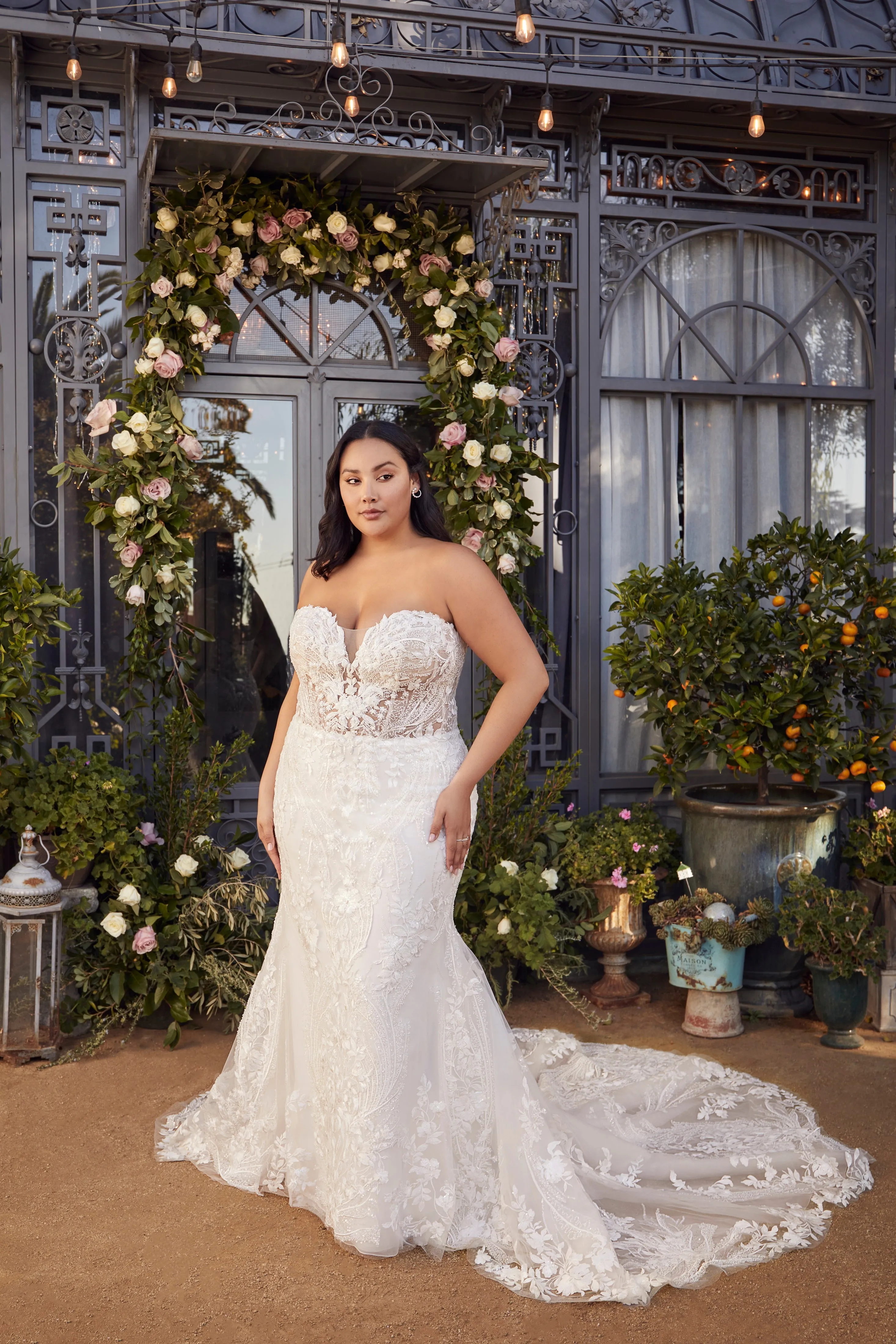 Casablanca 2477 Beaded Mermaid Wedding Dress Train Long Sleeve Strapless Sequin Fitted