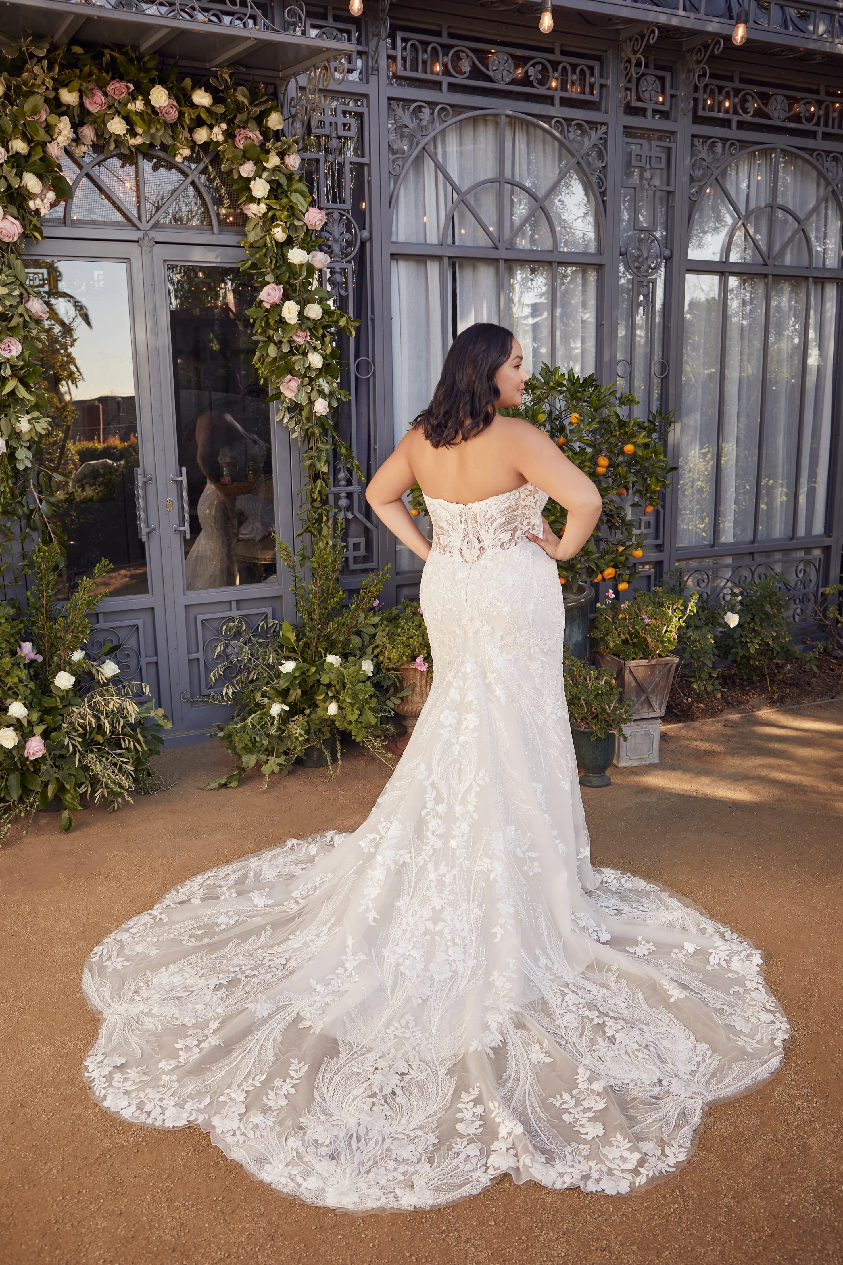 Casablanca 2477 Size 10 Nude Ivory Beaded Mermaid Wedding Dress Train Long Sleeve Strapless Sequin Fitted