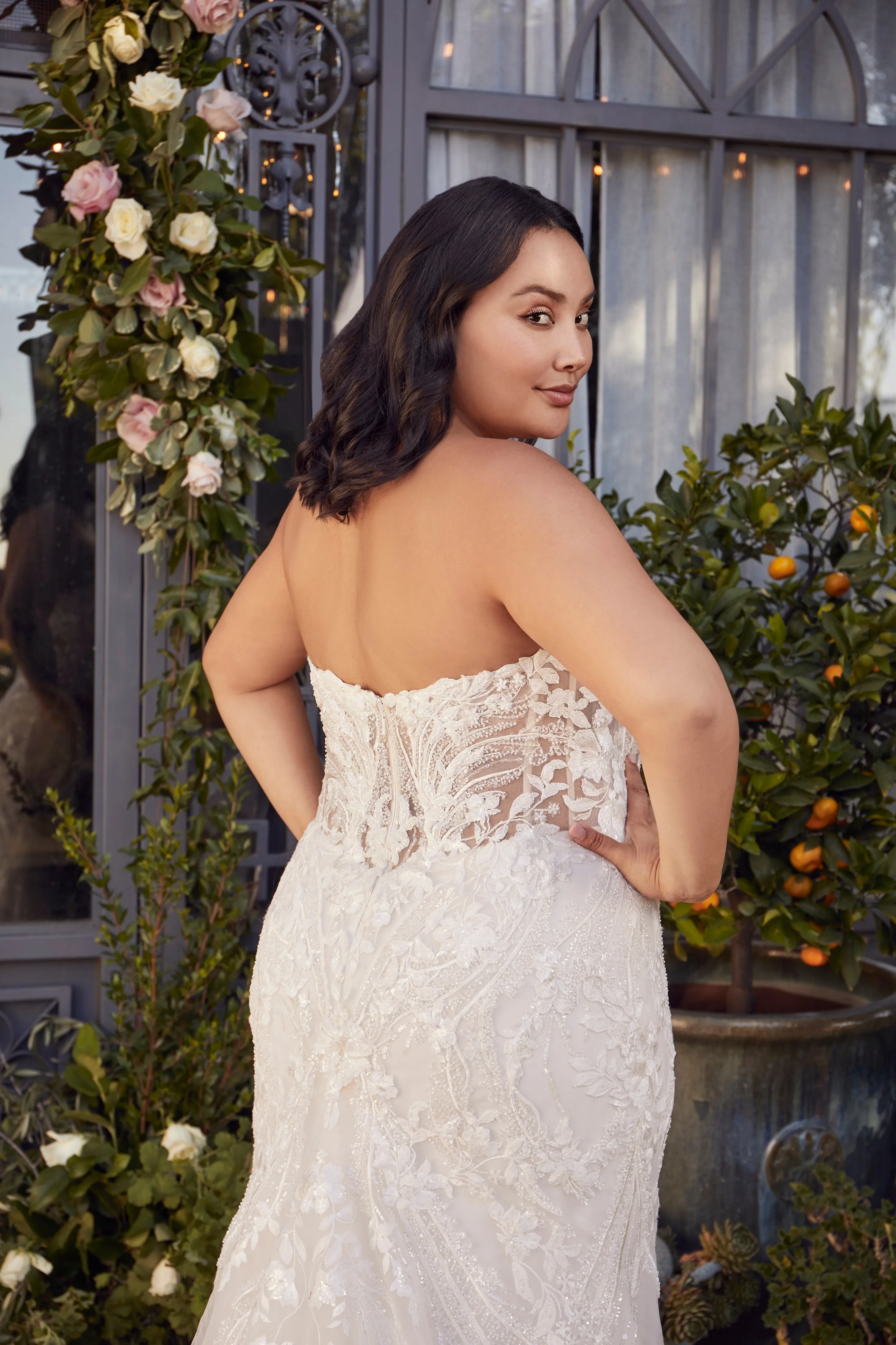 Casablanca 2477 Size 10 Nude Ivory Beaded Mermaid Wedding Dress Train Long Sleeve Strapless Sequin Fitted