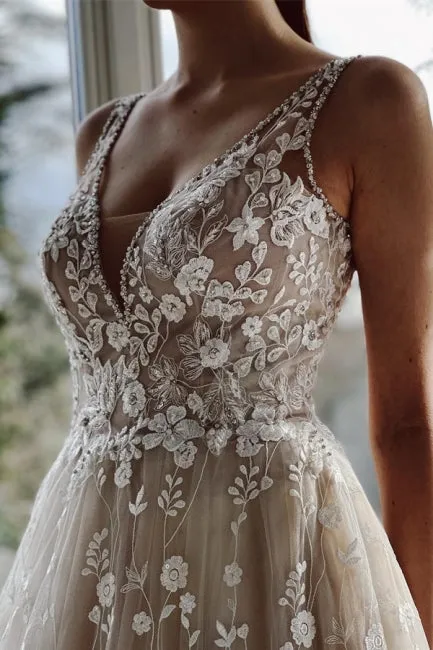 Champagne A-line Floor Length Straps V-neck Wedding Dress