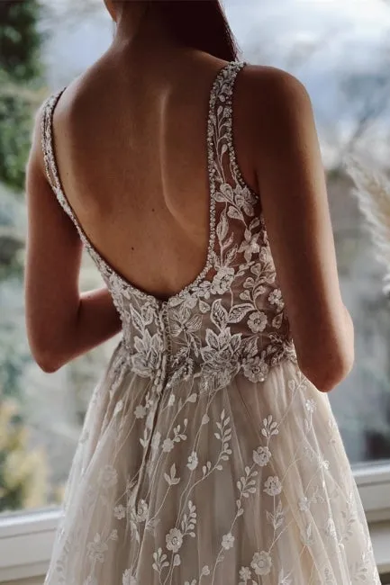 Champagne A-line Floor Length Straps V-neck Wedding Dress