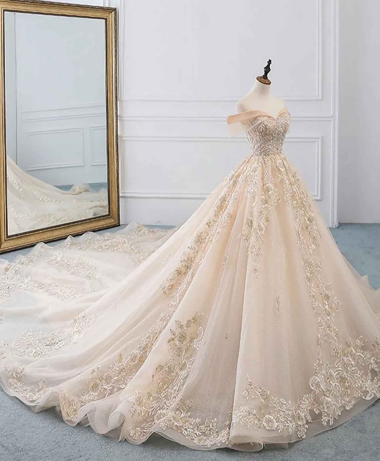 Champagne Off Shoulder Tulle Lace Long Wedding Dress, Wedding Gown