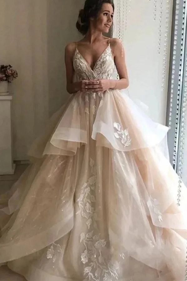 Charming A-line Champagne Layered Tulle Wedding Dress with Appliques