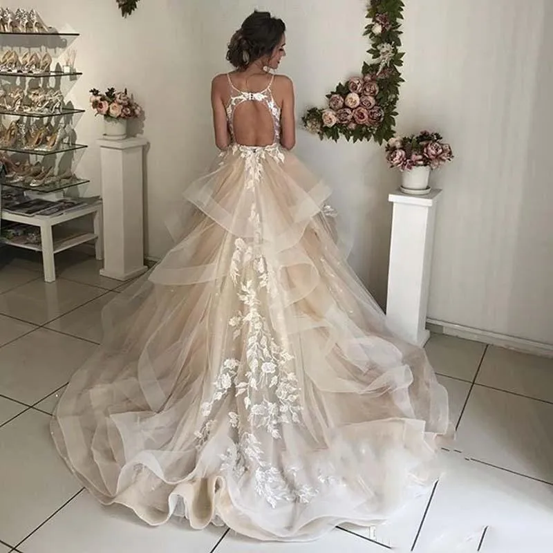 Charming A-line Champagne Layered Tulle Wedding Dress with Appliques