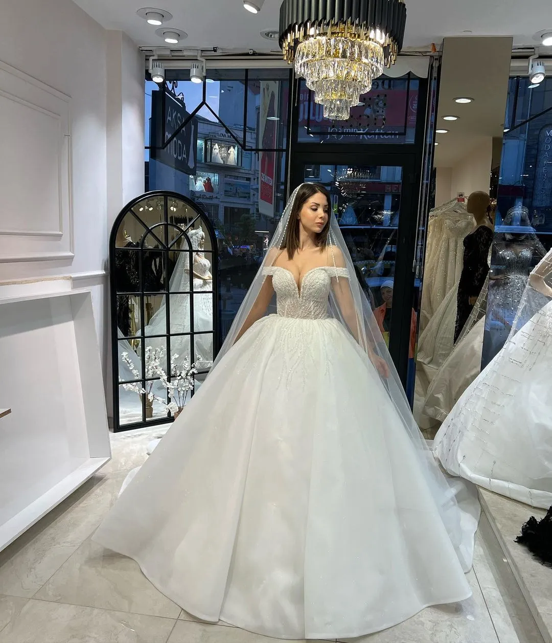 Charming Floor Length Sweetheart Off-The-Shoulder A-Line Lace Wedding Dress with Sequins