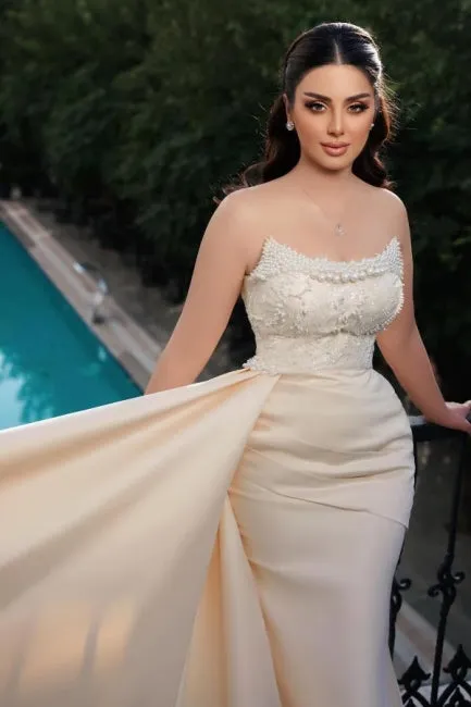 Charming Long Mermaid Strapless Sequined Wedding Dress With Pearls