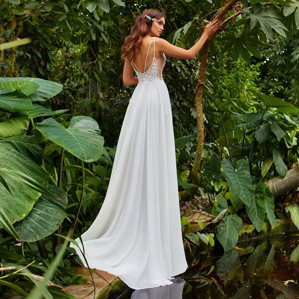 Chiffon Beach Wedding Gown Spaghetti Straps High Split Bride Dress Boho Bridal Gown