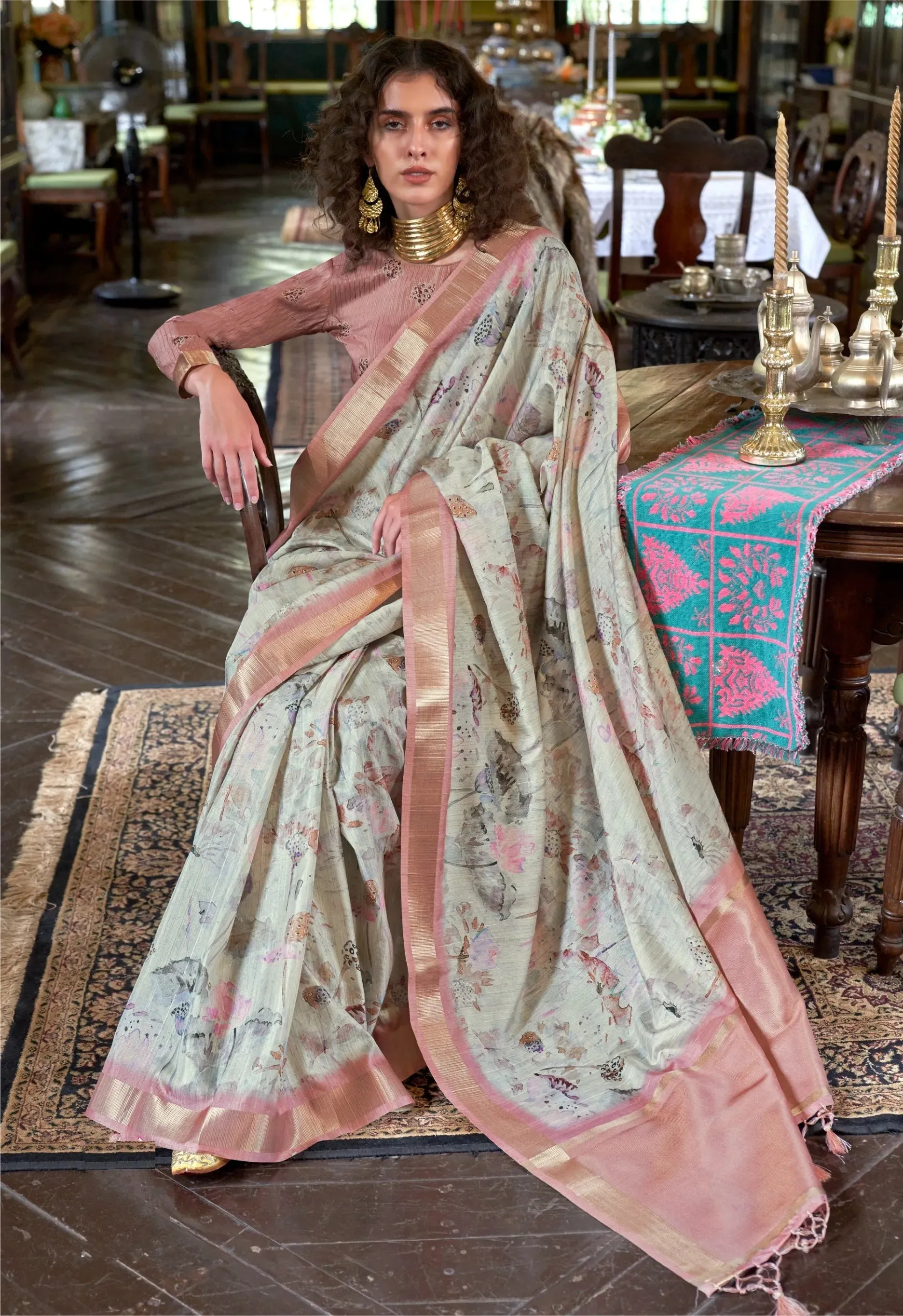 Classic Light Mauve Banarasi Silk Digital Printed Traditional Saree