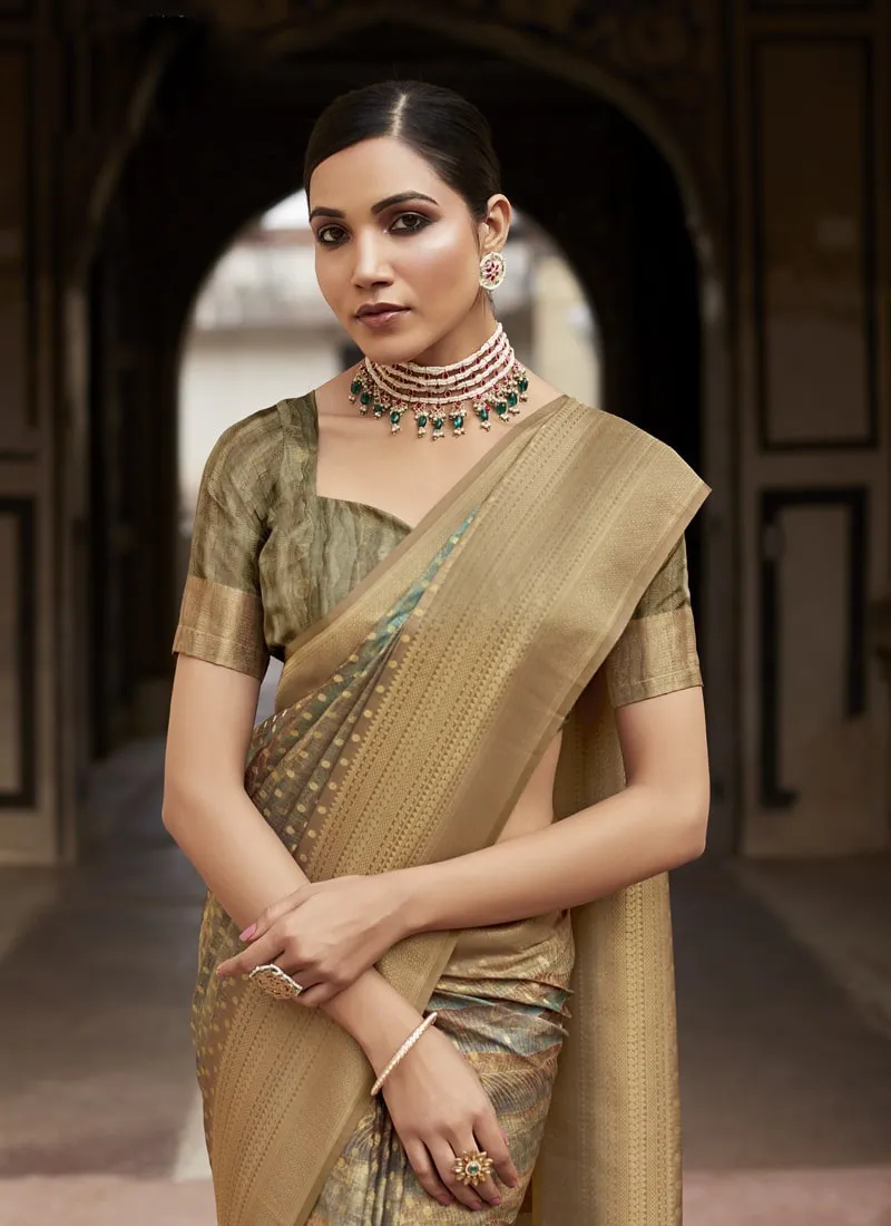 Dark Beige Soft Tissue Silk Wedding Saree with Contrast Border
