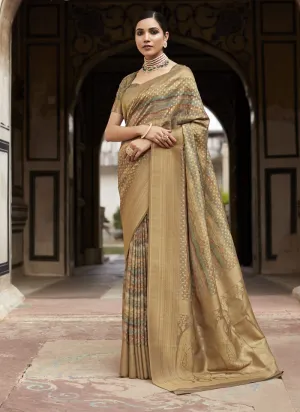Dark Beige Soft Tissue Silk Wedding Saree with Contrast Border