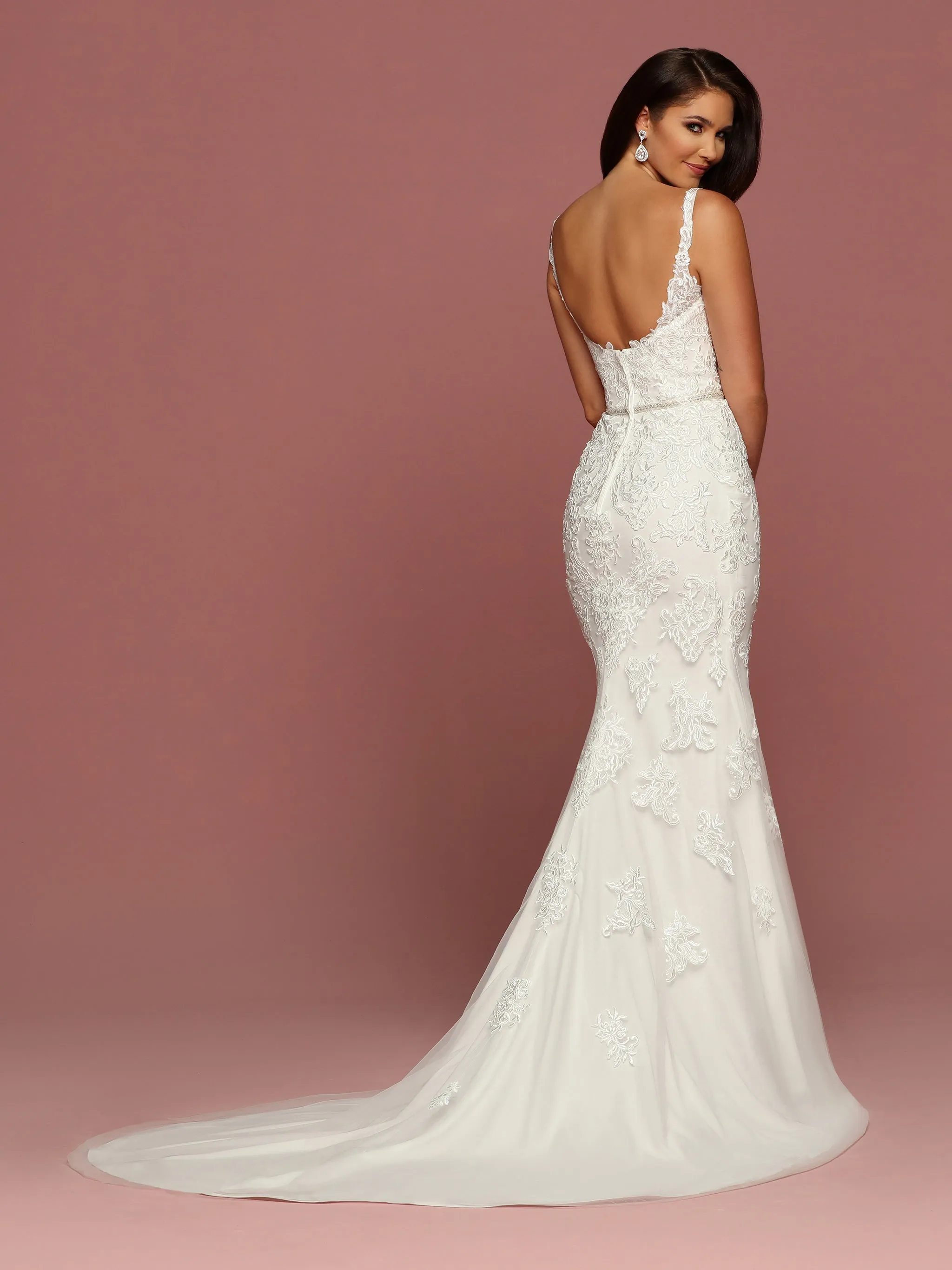 Davinci Bridal 50493 Fitted Lace Mermaid Wedding Dress Plunging Neck Crystal Belt