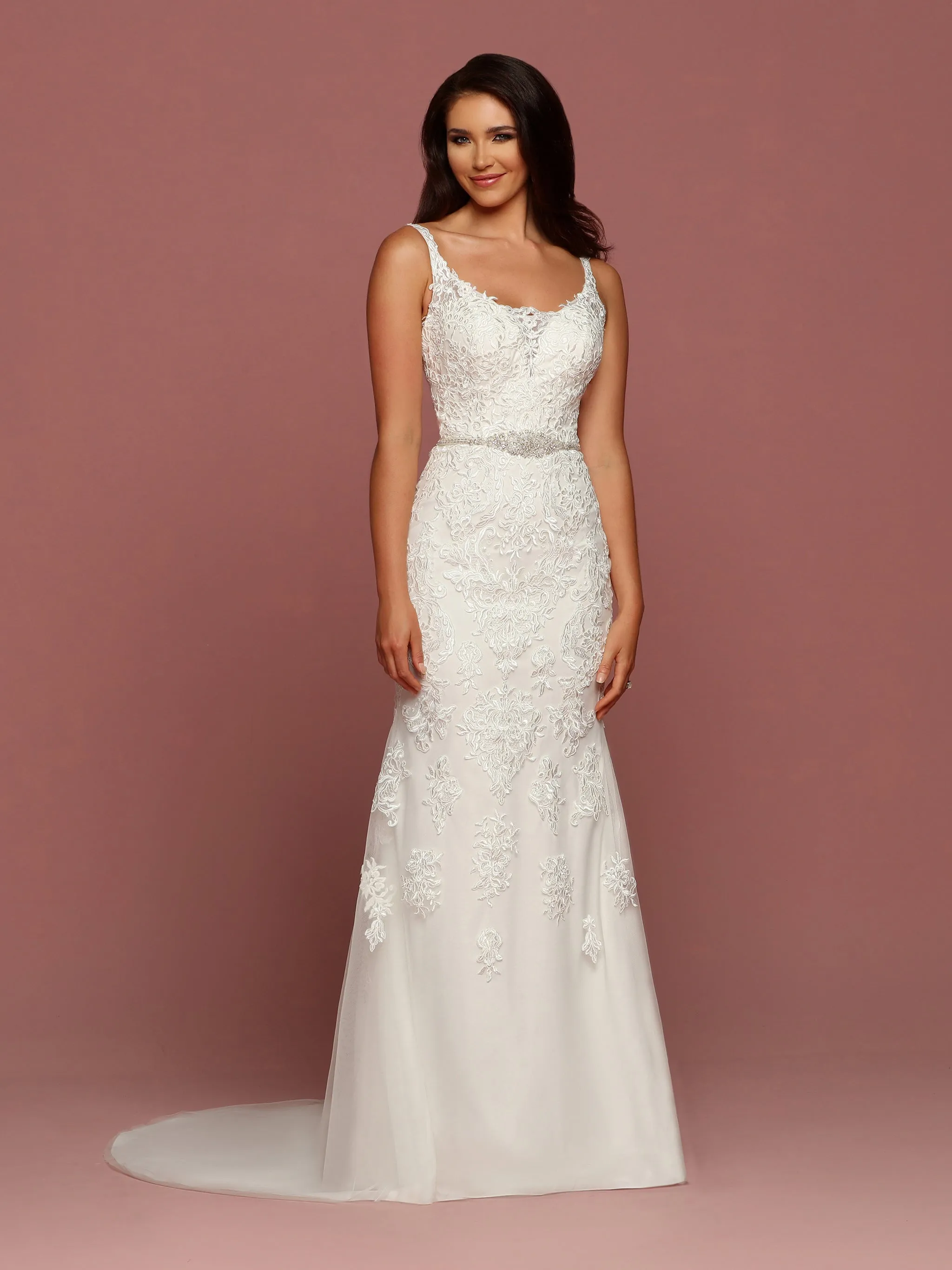 Davinci Bridal 50493 Fitted Lace Mermaid Wedding Dress Plunging Neck Crystal Belt