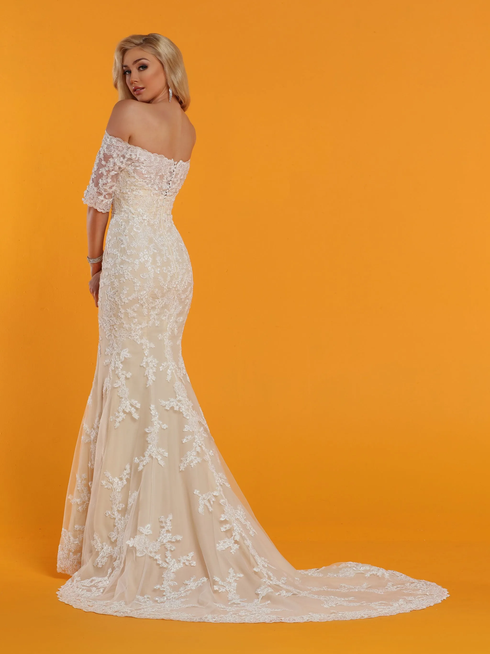 Davinci Bridal 50529 Fitted Mermaid Wedding Dress Sheer Off Shoulder Lace Sleeves