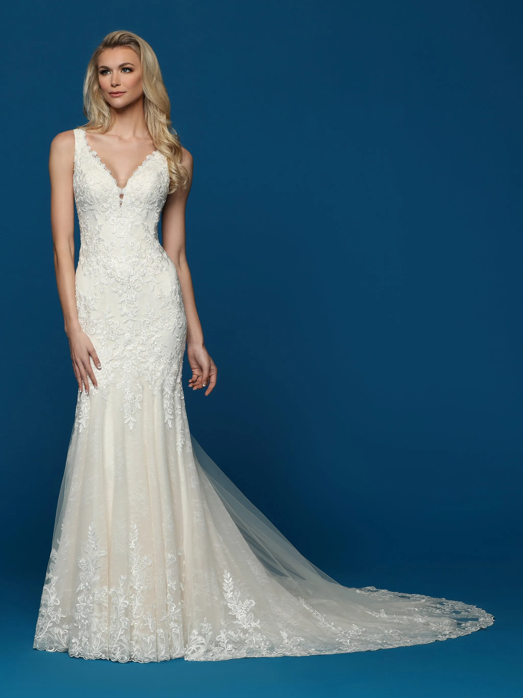 Davinci Bridal 50633 Long Lace Fit & Flare Wedding Dress Train Sheer Open Back Gown