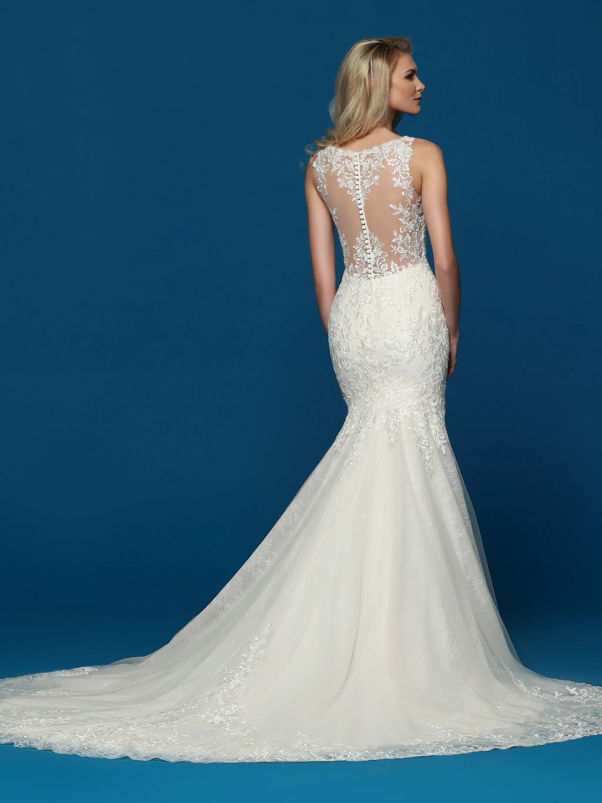 Davinci Bridal 50633 Long Lace Fit & Flare Wedding Dress Train Sheer Open Back Gown